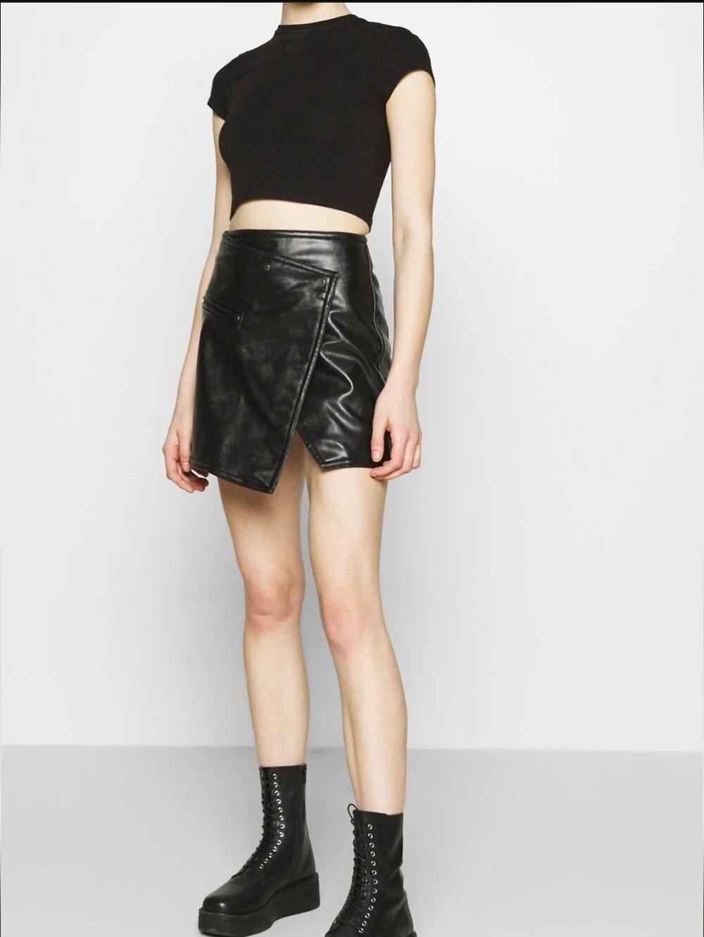 NWT Weekday Black Faux Leather Asymmetrical Mini Skirt -Size Medium